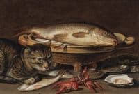 A still life with fish in a ceramic Collander, oysters, langoustines, mackerel and cat on the ledge