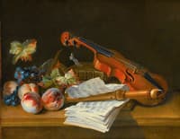 Still Life with a Violin, a Recorder, Books, a Portfolio of Sheet of Music, Peaches and Grapes