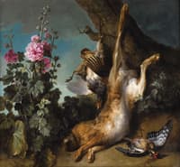 Still Life with Partridge, Hare and Hollyhocks
