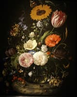 Flowers in a Glass Bottle on a Marble Plinth