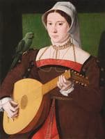 Portrait of a woman playing a lute, with a parrot on her shoulder.