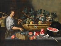 A still life of grapes, melons and pomegranates on a stone ledge with a figure carrying a basket
