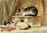 A Cat and Her Kittens Playing with a Mousetrap