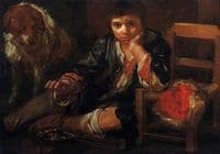 Boy warming himself over embers
