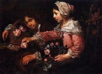 Girl binding a wreath of flowers