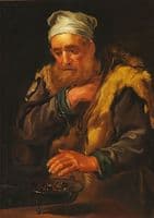 Interior with an old man heating his hands over a brazier