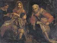 Interior scene with figures gathered around a brazier