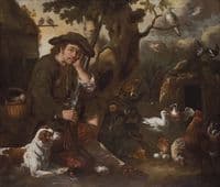 A huntsman resting by a tree with a hound, chickens and other birds