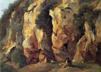 Rocky Cliff with Shepherd and Sheep