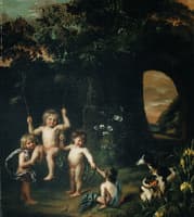 Children playing with a swing in a classical garden setting