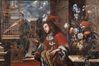 A boy in courtly attire with a parrot and a vase with flowers against a Baroque park landscape