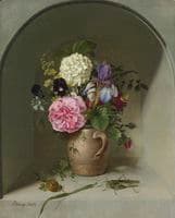 Flowers in a Clay Jug on a Niche with a Grasshopper