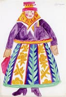 Design for "The Golden Cockerel:, flowered skirt, purple top, red hat
