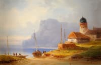Coastal scene with fishing village