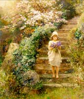 A young girl carrying violets