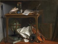 Curiosity objects on a table covered by a world map and musical instruments