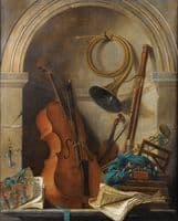 Still life in trompe l’œil with musical instruments and the book of Castor and Pollux