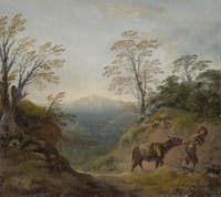 Wooded Landscape with a Boy Leading a Donkey and Dog, and an Extensive Panorama with Buildings