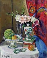 Pink roses, red curtain in background, green melon and jade necklace