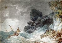 A Rocky Shore, with Men Attempting to Rescue a Storm-Tossed Boat