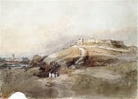 View of Carisbrooke Castle, from Clatterford: Carisbrooke Church to the Left