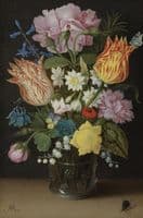 Still Life With Tulips Roses Narcissi And Other Flowers In A Glass Beaker