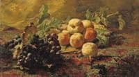 Blue grapes and peaches in a wicker basket