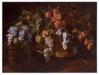 Still Life with a Basket of Grapes, Pomegranates, Quinces and Pears, with a Fig Branch and a Cask of