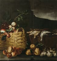 Still Life with Basket of Fruit, Birds and Mushrooms in a Landscape