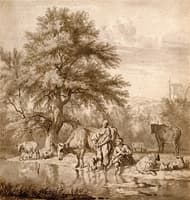 A Herdsman and a Woman with Cows and Sheep by a River