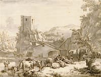 Italian Landscape with Herdsman, Herdsman and Animals