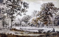 A Huntsman with His Dog by a Pond in the Woods