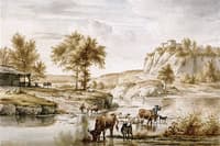 Landscape with Livestock Crossing a River