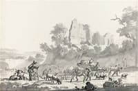 A Herdsman with Livestock and Passing Travelers in a Southern Landscape with an Ancient Ruin