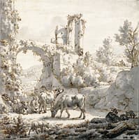 Herdsman and Herdsman with Livestock by a Stream