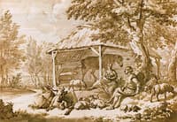 Couple Herding Cows and Sheep with a Sleeping Dog by a Small Stable with a Horse