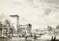 Hilly Landscape with a Ferry on a River