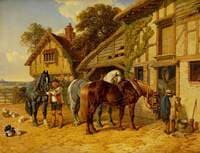 Three Horses and Ducks in Stable