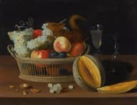 Still Life with a Basket of Fruit and a Squirrel, Glasses, and a Cut Melon on a Tabletop