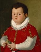 Portrait of a Little Boy in Red Holding a Goldfinch