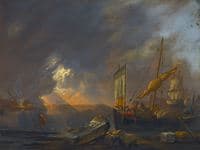 Mediterrannean Coast at Dawn with a Galliot Preparing to Unload its Cargo