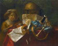 A still life of pipes, a globe, an engraved musical score of a French overture and a violin