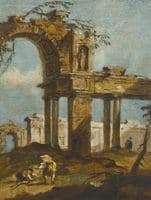 A capriccio of a ruined arch with figures in the foreground