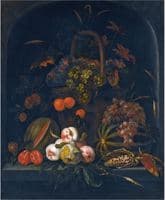 A Still Life Of Grapes, Peaches And Corn In a Basket, On a Stone Ledge With Melons And Apricots
