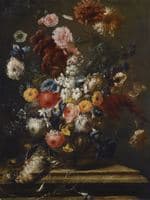 Still Life of Flowers in an Urn on a Marble Ledge with a Bird