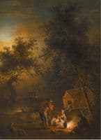 A landscape with travellers at night resting by a roadside fire