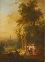 A landscape with travellers outside a town