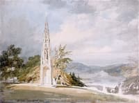 The Gothic Cross above the Lake at Stourhead, with the Pantheon in the Distance