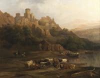 Herd of Bulls by a River below a Castle