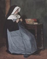 A Nun Seated at a Table Knitting